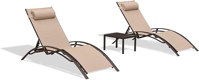 PURPLE LEAF Outdoor Chaise Lounge Chair Set of 3 Patio Pool Lounger Bronze Aluminum Chairs with Side Table Adjustable Tanning Recliner for Outside Backyard Yard Deck Balcony Beach Pebble Gray