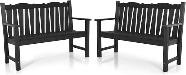 Outdoor Bench Set of 2, Weatherproof Garden Benches for Outdoors, All Weather HIPS Patio Bench Holds up to 800lbs, Never Rot or Fade, Comfort Bench for Porch Garden Patio Yard and Park(Black)