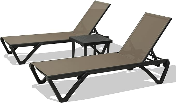 Domi Pool Lounge Chairs, Aluminum Patio Chaise Lounge with Side Table, 5 Position Adjustable Backrest and Wheels, All Weather Outdoor Lounge Chairs for Beach, Yard, Balcony, Poolside, Khaki