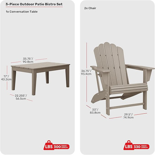Costaelm Lakeview 3-Piece Adirondack Chairs with Cup Holders and Coffee Table Set, Weathered Wood