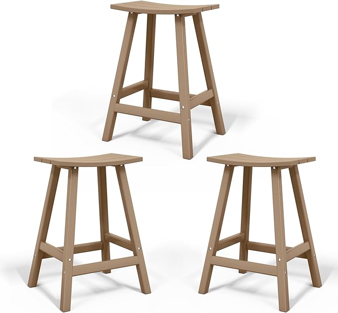 Costaelm All-Weather Bar Stools Set of 3, 24" Height Outdoor Bar Stools, Adirondack Poly Patio Bar Stool for Patio, Deck, Kitchen Counter and Garden, Weathered Wood