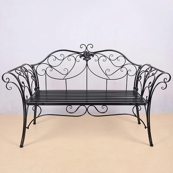 Garden Benches for Outdoors, Metal Garden Benches with Floral Design Backrest, Easy Assembly, for Porch, Yard, Lawn, Balcony(Black)