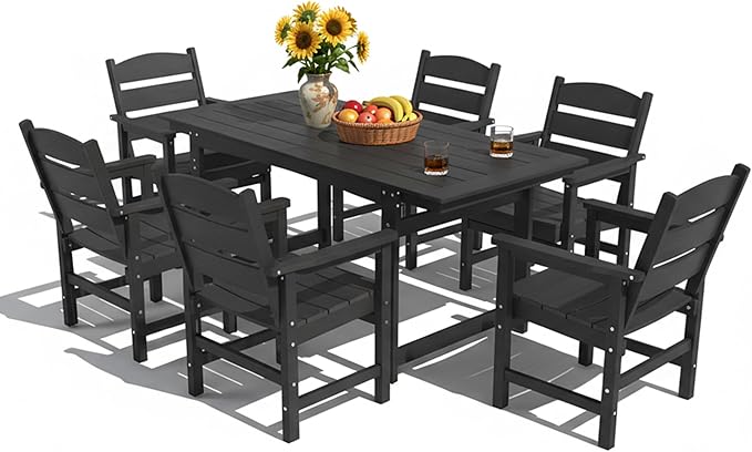 7-Piece HIPS Patio Dining Set, Outdoor Dining Table and Chairs Set with Umbrella Hole, Weatherproof Dining Table Set for 6 Person, Patio Furniture Set for Outside Deck, Black