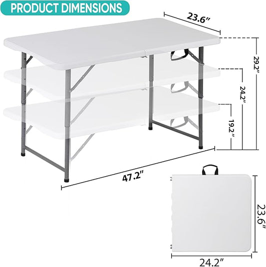 SUPER DEAL Portable 4 Foot Plastic Folding Table, Indoor Outdoor Heavy Duty Fold-in-Half Picnic Party Camping Barbecues Table with Carrying Handle, White