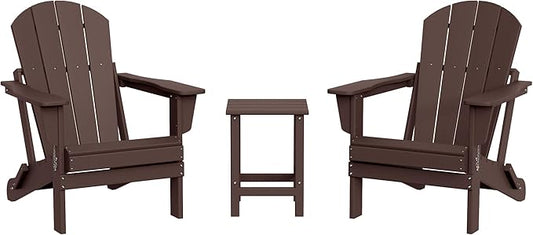 WestinTrends Malibu 3-Pieces Adirondack Chairs Set with Side Table, All Weather Outdoor Seating Plastic Patio Lawn Chair Folding for Outside Porch Deck Backyard, Dark Brown