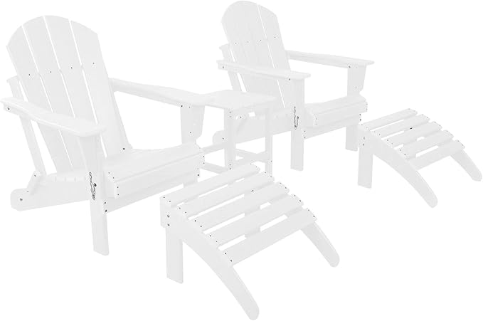WestinTrends Malibu Outdoor Lounge Chairs Set, 5-Pieces Adirondack Chair Set of 2 with Ottoman and Side Table, All Weather Poly Lumber Patio Lawn Folding Chair for Outside, White