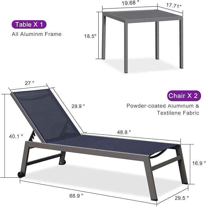 PURPLE LEAF Outdoor Chaise Lounge Set for 2 Oversized Pool Lounge Chairs with Easy-to-Move Wheels and Adjustable Backrest Extra Large Patio Loungers for Poolside Deck Beach Table Included, Navy Blue