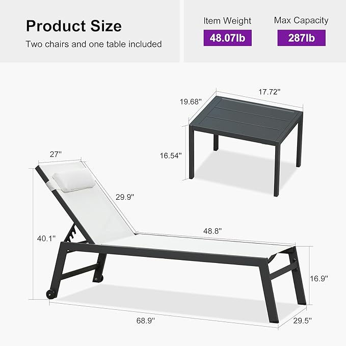 PURPLE LEAF Outdoor Oversized Lounge Chair Set of 3 Patio Chaise Pool Lounger Aluminum Frame with Side Table and Wheels for Outside Sunbathing Tanning Recliner Including Pillows White