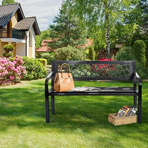 Giantex Outdoor Bench, Garden Bench with Iron Steel Frame, PVC Backrest, Mesh Pattern, Ergonomic Armrests, 500 lbs Metal Outside Bench for Patio Park Porch Lawn Yard Balcony Path Entryway Deck