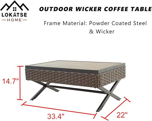 LOKATSE Home Outdoor Side Wicker Table Patio Rattan Bistro Furniture Metal Frame End Coffee Tables with X Shaped Steel Legs & Wood Grain Desktop
