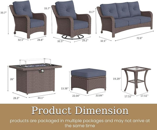 10 Piece Patio Furniture Set with Fire Pit Table, All-Weather Wicker Outdoor Conversation Set with Swivel Rocking Chair and 6 Inch Thick Cushions