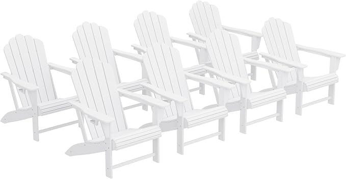 Costaelm Lakeview Outdoor Patio HDPE Adirondack Chairs with Cup Holders (Set of 8), White