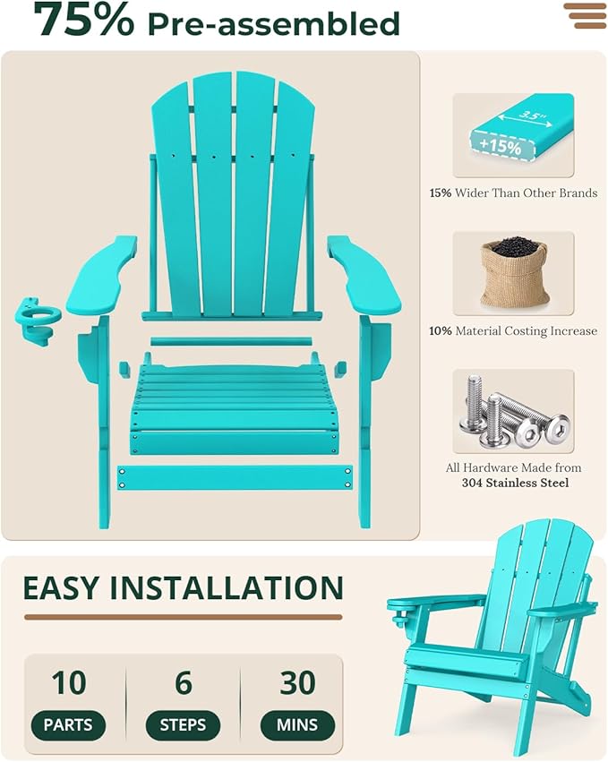BRIOPAWS Folding-Adirondack-Chairs Set of 6 | HDPE | Fire Pit Chair | Cup Holder | Weather Resistance | Aqua | for Outdoor Backyard Deck Patio