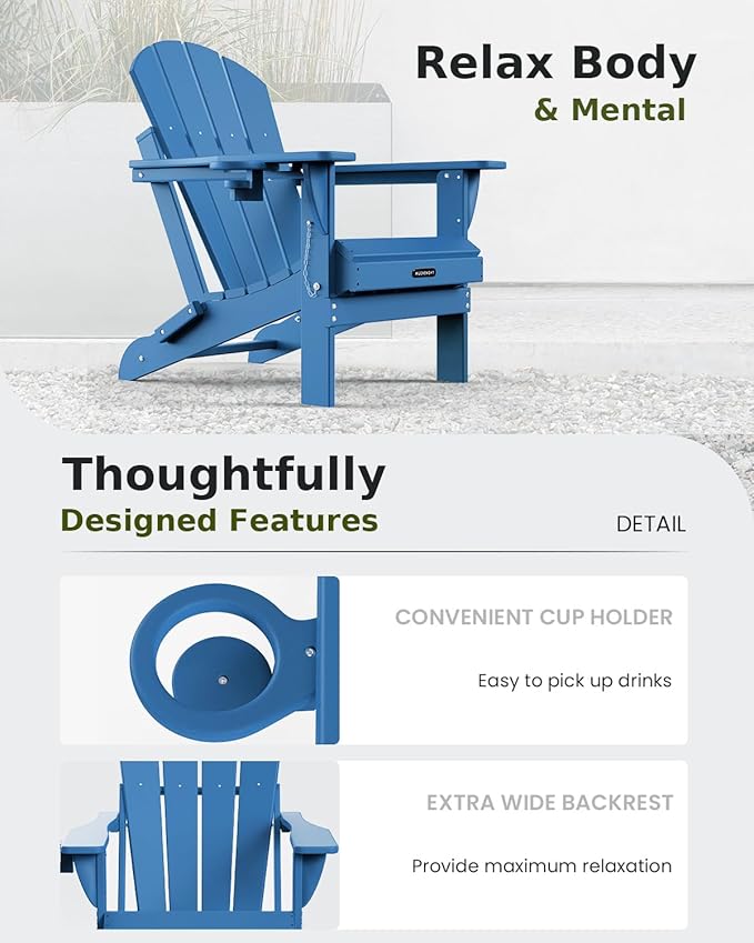 MUCHENGHY Folding Adirondack Chairs HDPE Weather Resistant 4 Pack, Patio Firepit Chairs, Sturdy Outside Chair, Lawn Chairs, 15min Assembly 380lb, Royal Blue