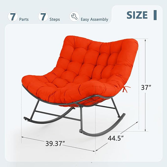 Cushioned Papasan Rocking Chair for Outdoor Indoor, Oversized Outdoor Rocking Chair with Cushion, Egg Rocker for Patio, Porch, Balcony, Lawn, Bedroom, Living Room, Red-Orange