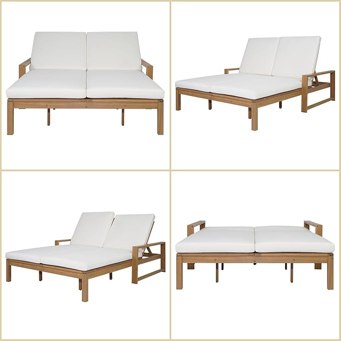 Merax Outdoor Double Lounge Chair with 5-Position Adjustable Backrest for Each Seat, Wood Patio Chaise Lounge with Armrests & Removable Cushions for Patio Poolside Garden, All-Weather, Light Teak
