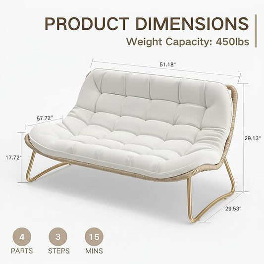 Kingdura Outdoor Wicker Papasan Egg Chair, Outdoor Loveseat, 2 Seater Oversized Patio Lounge Recliner with Thick Cushion, All-Weather Comfy Chaise Chair for Balcony, Porch, Pool & Indoor, Beige