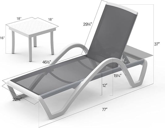 Domi Patio Chaise Lounge Chair Set of 3,Outdoor Aluminum Polypropylene Sunbathing Chair with Adjustable Backrest,Arm,Side Table,for Beach,Yard,Balcony,Poolside(2 Gray Chairs W/Table)