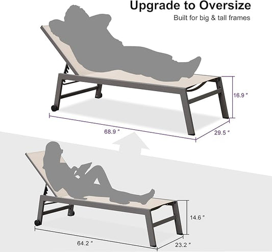 PURPLE LEAF Outdoor Chaise Lounge Set for 2 Oversized Pool Lounge Chairs with Easy-to-Move Wheels and Adjustable Backrest Extra Large Patio Loungers for Poolside Deck Beach Yard Table Included, Khaki