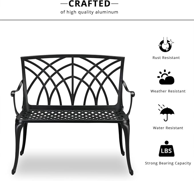 Outdoor Benches, Garden Bench, Porch Bench, Porch Bench, Black Outdoor Bench, 38in Outdoor Orchid Back Aluminum Bench Black