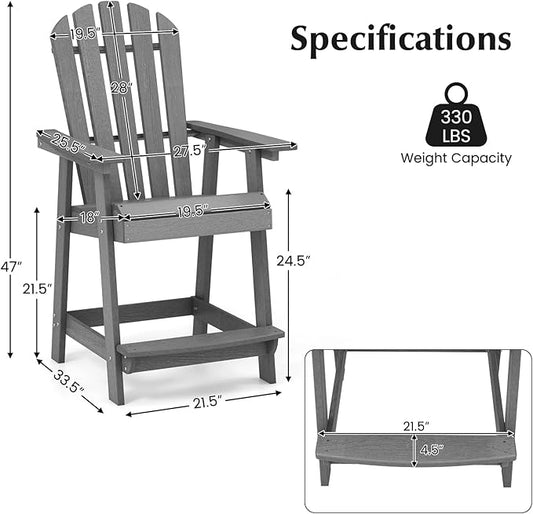 Tangkula Outdoor Bar Stool, HDPE Tall Adirondack Chair with Armrest & Footrest, Weather Resistant 47 Inch Counter Height Barstool Lifeguard Chair for Pool Deck Patio Garden, Balcony Chairs (4, Gray)