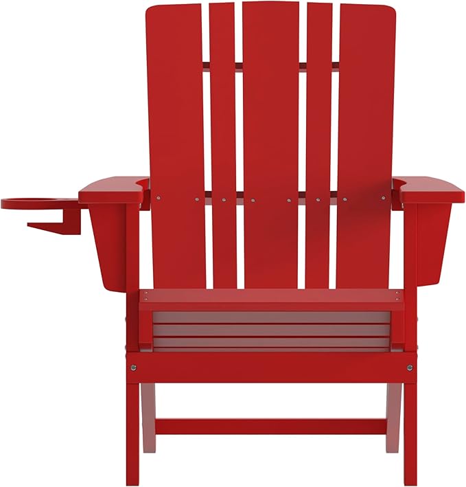 Flash Furniture Halifax Adirondack Chairs with Cup Holders, Weather Resistant Poly Resin Adirondack Chairs, Set of 4, Red