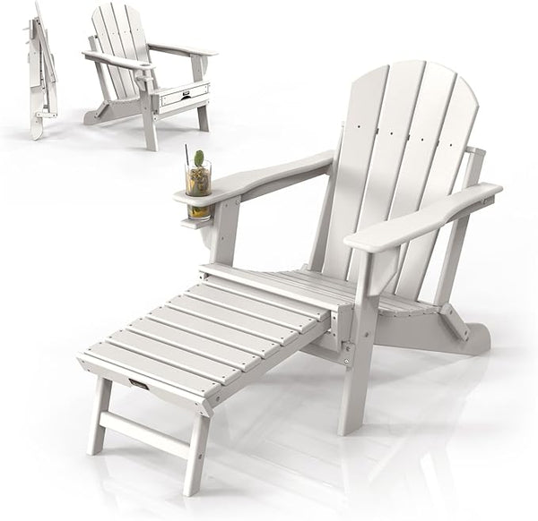 VINGLI Folding Adirondack Chair with Ottoman, Waterproof Plastic HDPE Firepit Chair for Outside with Hidden Footrests - Photo 1