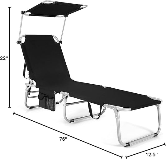 COSTWAY Beach Lounge Chair, Foldable Chaise Lounge with Canopy, Adjustable Backrest & Side Pocket, Tanning Chair for Seaside, Pool, Patio (Black)
