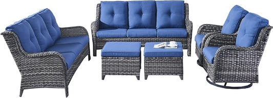 Rilyson Wicker Patio Furniture Set - 6 Piece Rattan Outdoor Sectional Conversation Sets with 2 Rocking Swivel Chairs,2 Ottomans and 2 Sofa for Porch Deck Garden(Mixed Grey/Blue)