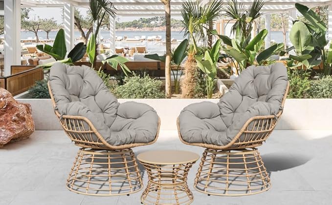 Swivel Chairs for Outside Patio Set of 3, 360° Swivel Pe Wicker Luxury Lounger Chair with 20" Side Table, Soft Cushion and Durable Frame, for Apartment Balcony, Patio, Porch, Yard (Grey)