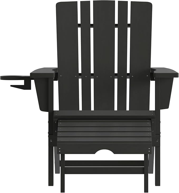 Taylor & Logan Hedley Adirondack Chair with Cup Holder and Pull Out Ottoman, All-Weather HDPE Indoor/Outdoor Lounge Chair in Black, Set of 2