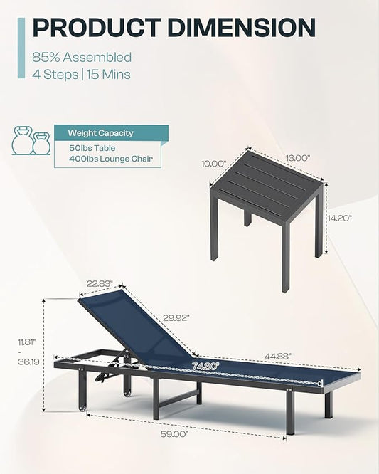 Aluminum Outdoor Lounge Chairs Set of 2, Pool Lounge Chairs with Wheels and 5-Position Recliner -Easy to Move- Patio Chaise Lounge Outdoor for Poolside, Deck, Beach (NavyBlue)