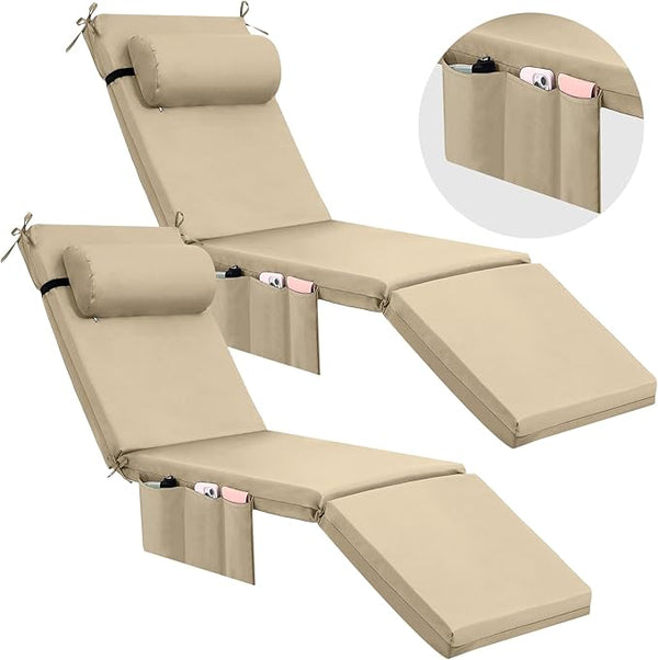 RattanView 2 Pcs Outdoor Chaise Lounge Cushion with Pillow and Side Pockets Waterproof Lounge Chair Cushions for - Photo 1