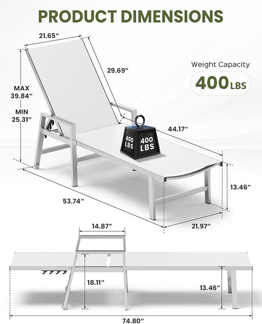 Patio Chaise Lounge Outdoor with Wheels&Armrests, Aluminum Pool Lounge Chairs 5-Position Adjustable Recliner, Sun Beach Lounge Chairs for Poolside, Patio, Deck, Yard, White