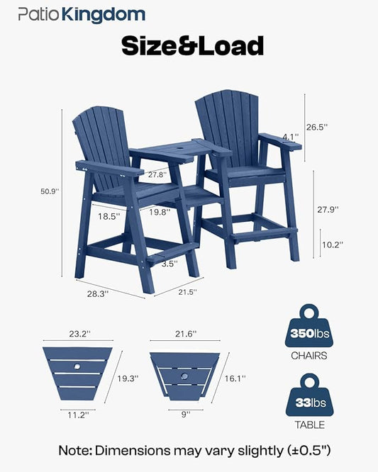 Tall Adirondack Chairs Set of 2 with Removable Tray, HDPE Bar Height Adirondack Bar Stools, High Back Patio Chairs for Balcony, Deck, Lawn, Backyard, All-Weather Outdoor Furniture, Navy Blue