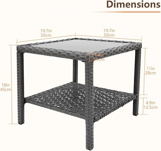 C-Hopetree Small Outdoor Coffee Side End Table for Outside Patio Storage, Gray All Weather Wicker with Glass Top, Square