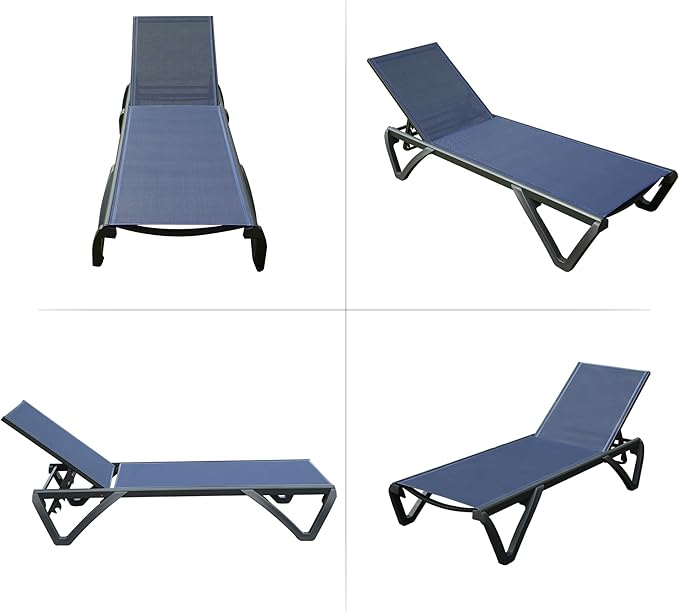 Domi Pool Lounge Chairs Set of 2, Aluminum Patio Chaise Lounge with Wheels, 5 Position Adjustable, All Weather Outdoor Lounge Chairs for Beach, Yard, Balcony, Poolside, Navy Blue