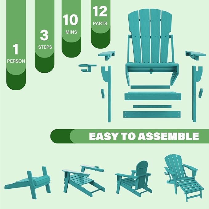 LOUNZY Folding Adjustable Adirondack Chair with Retractable Ottoman, HDPE Recliner Adirondack Chair with Cup Holder for Deck Lawn Fire Pit, Aruba