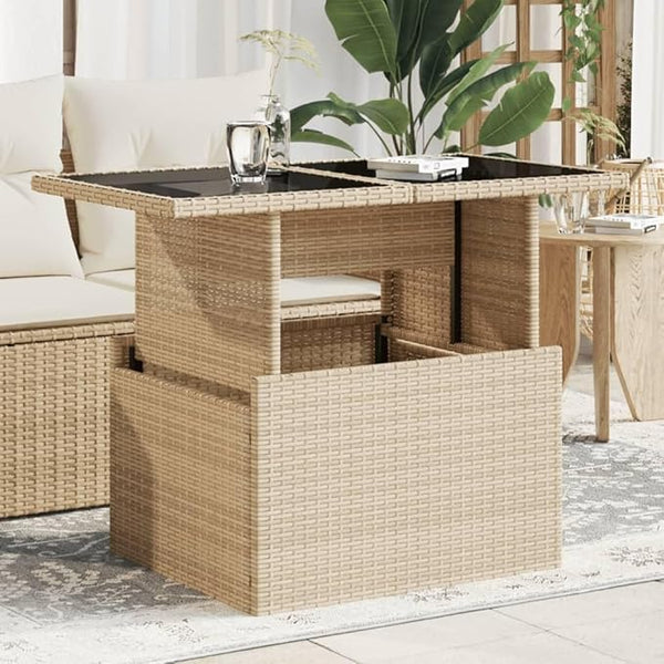 Beige Poly Rattan Garden Table with Tempered Glass Top, Height Adjustable from 17 to 28.7 Inches - Photo 1