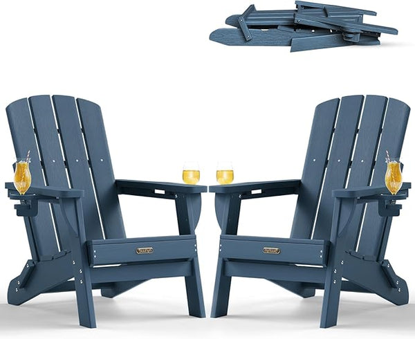 Folding Adirondack Chair 2 Pack, HDPE All-Weather Fire Pit Chairs, Plastic Adirondack Chairs with 2 Cup Holder - Photo 1