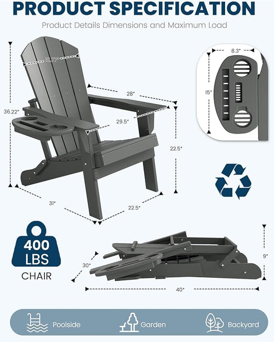 FOOWIN Folding Adirondack Chair Set of 4, HDPE Adirondack Chairs with Cup Holder, Weather Resistant Plastic Fire Pit Chairs for Outdoor, Patio, Lawn, Garden, Backyard, Deck, Grey