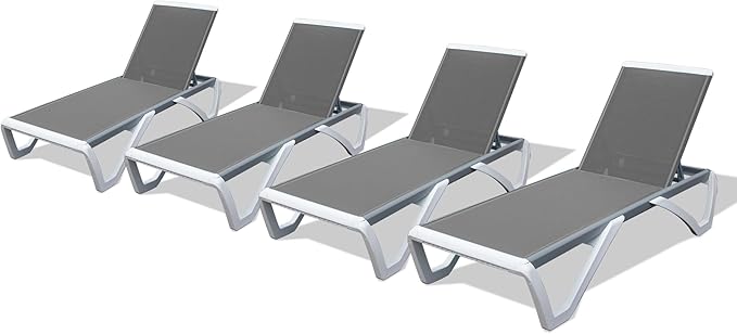 Domi Outdoor Lounge Chairs Set of 4, Aluminum Lounge Chairs for Outside with 5 Position Adjustable Backrest, Outdoor Chaise Lounge for Beach, Yard, Balcony, Poolside, Grey