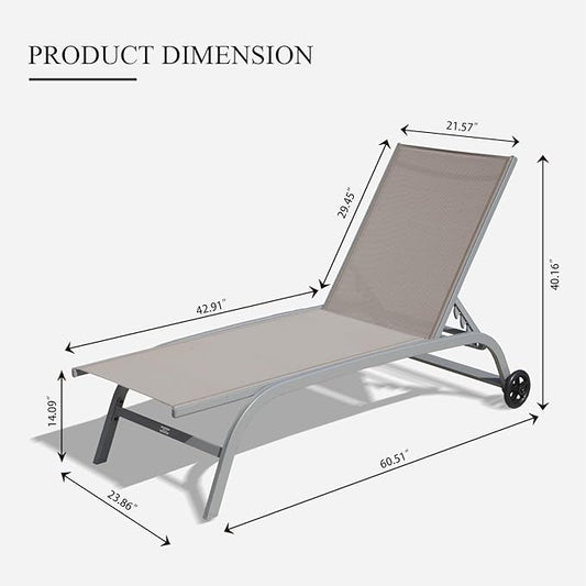 Domi Pool Lounge Chairs Set of 2, Adjustable Aluminum Outdoor Chaise Lounge with Wheels Patio Lounge Chairs, All Weather for Deck Lawn Poolside Backyard-Khaki Textilene