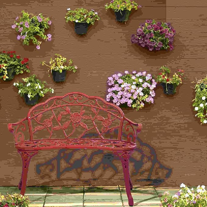 38.5” Outdoor Porch Bench with Hollow Rose Design,Elegant Garden Bench Park Bench for Backyard,Iron Bench with Arms (red)