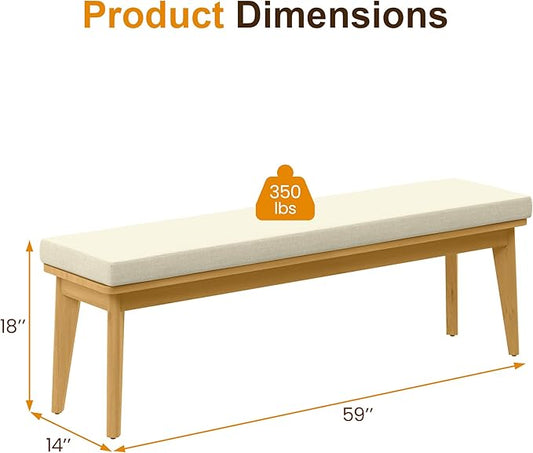 Acacia Outdoor Bench, 59" L×15.82" W Porch Bench with Removable and Washable Cushion, All-Weather Solid Wood Outside Chair for Proch Garden, Lawn