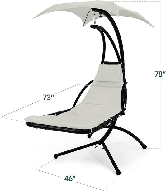 Best Choice Products Hanging LED-Lit Curved Chaise Lounge Chair Swing for Backyard, Patio, Lawn w/ 3 Light Settings, Weather-Resistant Pillow, Removable Canopy Shade, Steel Stand - Ivory