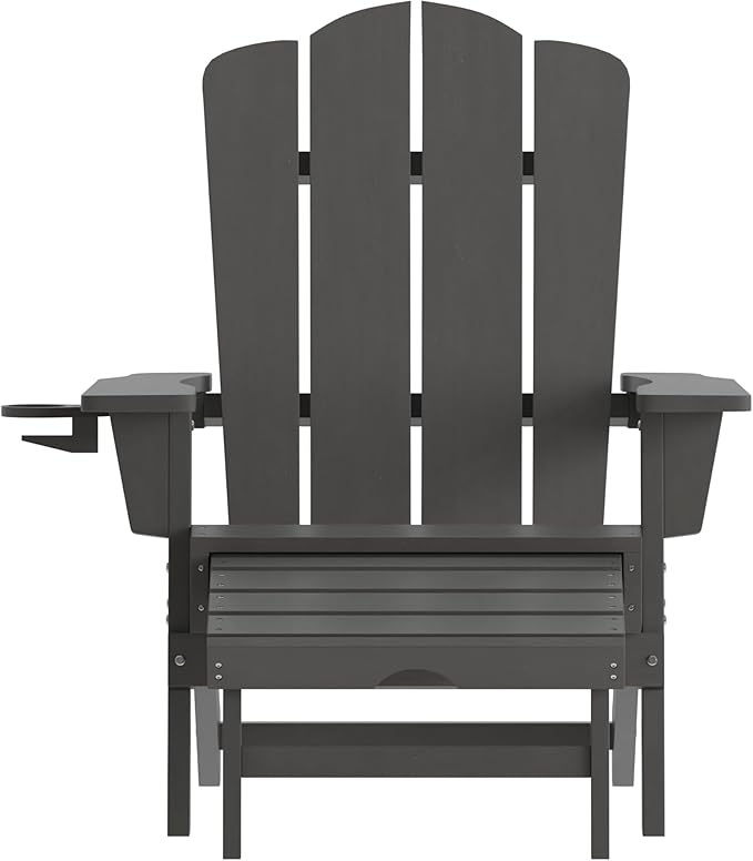 Flash Furniture Newport Adirondack Cup Holder and Pull Out Ottoman, All-Weather HDPE Indoor/Outdoor Lounge Chair, Set of 2, Gray