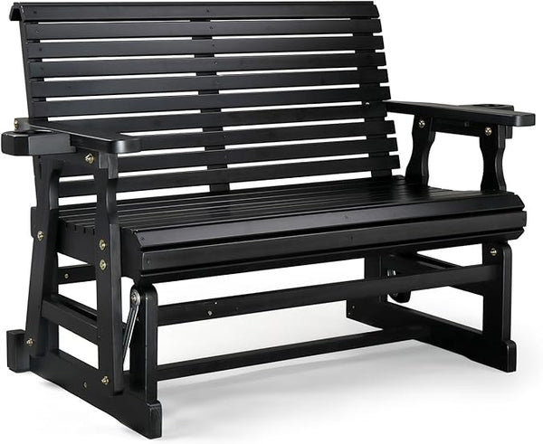 VINGLI Outdoor Glider Wood Patio Chair with Cup Holders, Outdoor Bench Glider Loveseat with Smooth Rocking Mechanism - Photo 1