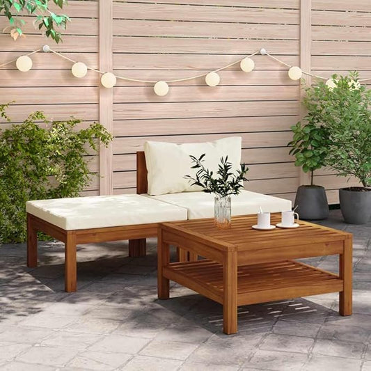 3 Piece Stacking Garden Lounge Set, Cream White Acacia Wood Outdoor Sectional Sofa with Oiled Finish, 27.2 x 25.6 x 13.8 in Patio Furniture for Balcony, Deck, Backyard Use