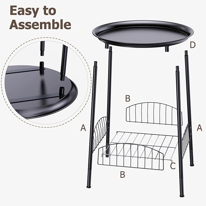 Small Outdoor Side Table, 2-Tier Round Metal Patio Table, Accent Table Waterproof, Weather Resistant End Table for Yard Porch Pool Balcony Garden Bedside (Black)